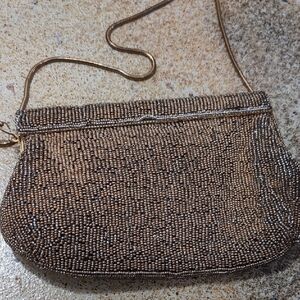 Elegant Gold Beaded Brown Clutch With Removable Shoulder Straps